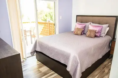 a bedroom with a large bed with pink pillows at Serenity in San Diego