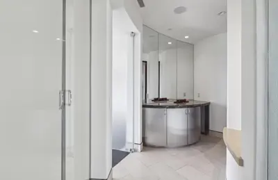 a bathroom with white walls and a counter in a room at The Wave House! Custom Gem with Panoramic Views, Fire Pit, BBQ, Pool Table in San Diego