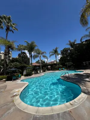 a large swimming pool with palm trees in the background at Cozy Luxurious Spacious Apt with Valley View, Attached Garage,Pool,24-Hour Gym, 3 TV in Mission Viejo