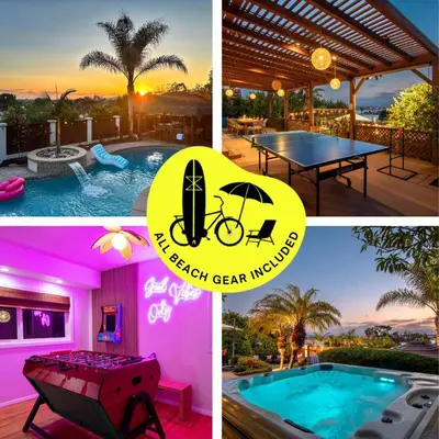 a collage of pictures of a pool and a house at Luxury Bayview Oasis • Pool Spa Games Views in San Diego