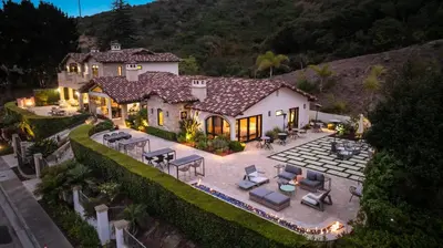 an aerial view of a house with a patio at Elegant La Jolla Villa - Ocean Views & Pool in San Diego