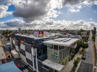 an aerial view of a city with a building at Hotel Narcissus - Room 3 in San Diego