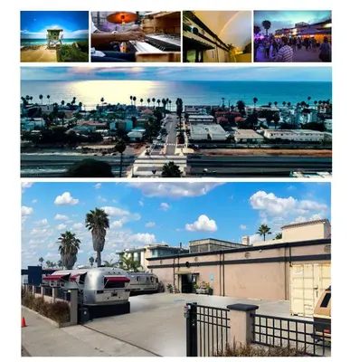 a collage of photos of a parking lot with boats at Retro Star-Wagon, Ocean Breez at Studios in Oceanside