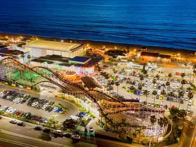 an aerial view of an amusement park with a roller coaster at Tourmaline Beach Cottage North -Steps to Ocean, AC in San Diego