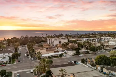 an aerial view of a city with the ocean at Tourmaline Beach Cottage North -Steps to Ocean, AC in San Diego
