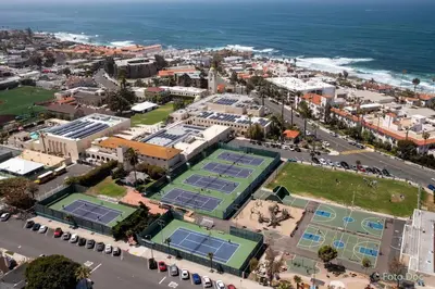 an aerial view of a city with tennis courts at Heart of La Jolla Village cottage in San Diego
