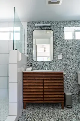 a bathroom with a sink and a mirror at Simple La Jolla Epic bungalow #7 in San Diego