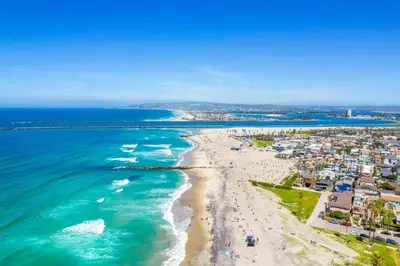 an aerial view of a beach and the ocean at Walk to Ocean Beach Stylish 2BR Apt with Patio in San Diego