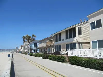 a street with houses on the beach and the ocean at Ocean Front On Beach! -2 Master BR, 2 Full BA, Patio!, AC, Parking, Close to All in San Diego