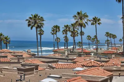 a view of a beach with palm trees and the ocean at 501P-5 Panoramic Ocean & Pier Views in Oceanside