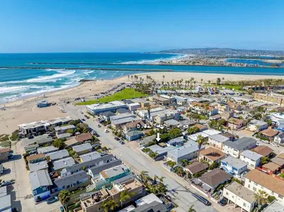 an aerial view of a beach with houses and the ocean at Suite Cozy Beach Nook 150 Steps To The Sand in San Diego