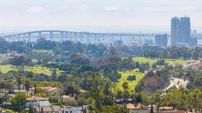 a view of a city with a bridge in the background at Stylish Studio with Big Patio in San Diego