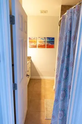 a hallway with a shower curtain in a bathroom at Vibrant Imperial Beach Oasis in Imperial Beach