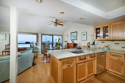 a kitchen and living room with a view of the ocean at 152-4 Coastal Luxury with Panoramic Ocean View in Oceanside
