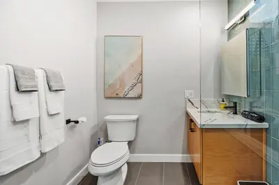 a bathroom with a toilet and a sink and a mirror at Designer Canyon House in La Jolla in San Diego