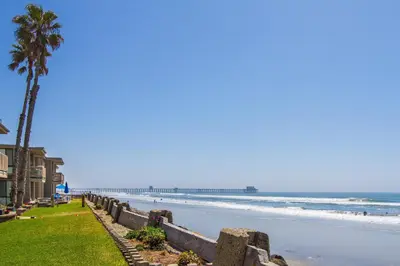 a beach with a palm tree and a pier at North Coast Village B212 in Oceanside