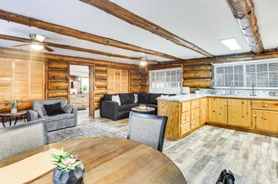 a kitchen and living room with a table and chairs at MTB Base Camp! Rustic Cabin By Mt Laguna Trails in Mount Laguna