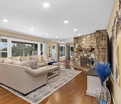 a living room with a couch and a fireplace at Serene 4BR La Mesa Hideaway in La Mesa