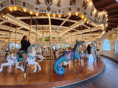 a woman sitting on a carousel at Entire Private Home with 4 Bedrooms - 3 Bathrooms, Big Yard, Garage, King Bed, Crib, Available Now in San Diego