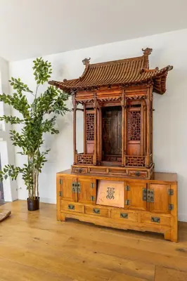an old wooden cabinet with a roof on top at Carlsbad Zen - Large Pool in Carlsbad