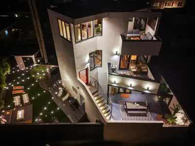 an overhead view of a house with a staircase at Nomad Surf Lounge by Coastline Vacation Rentals in San Diego