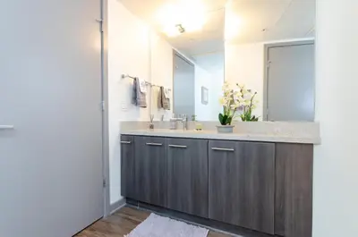 a bathroom with a sink and a large mirror at Spacious 3bed Apt with pool close to SDCC in San Diego