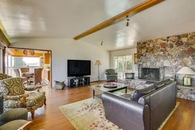 a living room with a couch and a fireplace at 474 Oasis w Amazing Views Huge Pool in La Mesa
