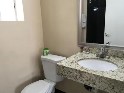 a bathroom with a toilet and a sink and a mirror at Ace Budget Motel in San Diego
