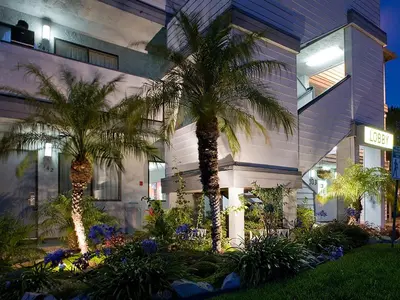 two palm trees in front of a building at night at Heritage Inn San Diego in San Diego