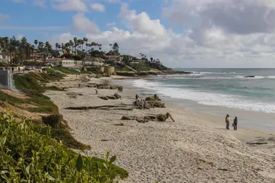a beach with people and animals laying on the sand at La Jolla Cottage in San Diego