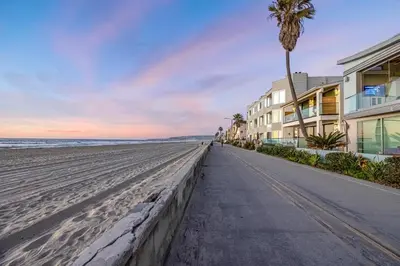 a beach with a palm tree and a building at Mimi's & Nana's Beach House in San Diego