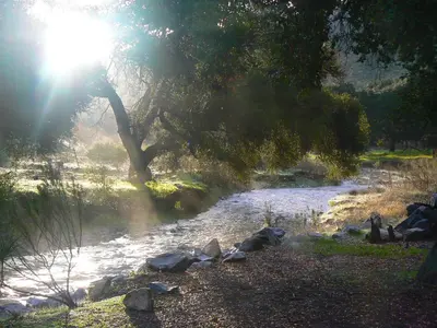 a river with the sun shining through a tree at Pio Pico Camping Resort Cottage 1 in Jamul