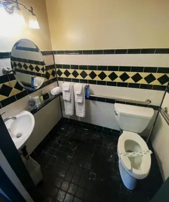 a bathroom with a toilet and a sink at Cherokee Lodge in San Diego