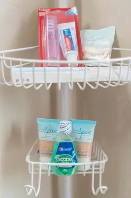 a white shelf with some food items on it at Oceanside Rocks Family Vacation Home in Oceanside