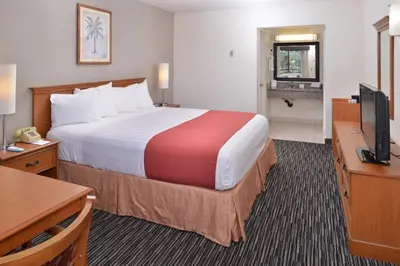 a hotel room with a large bed and a television at Pleasant Inn in San Diego
