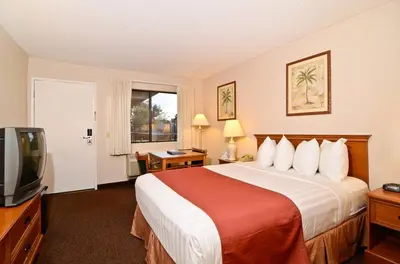 a hotel room with a bed and a television at Pleasant Inn in San Diego
