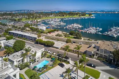 an aerial view of a marina with boats at Glorietta Bay Inn in San Diego