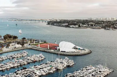 an aerial view of a marina with boats in the water at Marriott Marquis San Diego Marina in San Diego