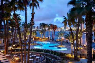 a view of a resort pool with palm trees at Coronado Island Marriott Resort & Spa in San Diego