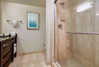 a bathroom with a walk in shower and a sink at Embassy Suites by Hilton San Diego La Jolla in San Diego