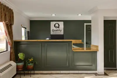 a lobby with a green wall and a counter at Quality Inn Lake Elsinore I-15 in Lake Elsinore
