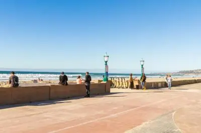 a group of people sitting on a wall near the beach at Fantastic Mission Beach condo steps to the Beach in San Diego