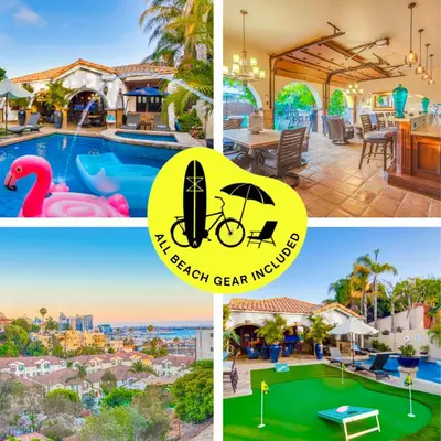 a collage of pictures of a house with a swimming pool at Resort Living: Hoops Outdoor Bar Views PoolSpa in San Diego