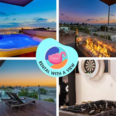 a collage of photos with a swimming pool and a house at Luxury Retreat • Hot Tub FirePit Panoramic Views in San Diego