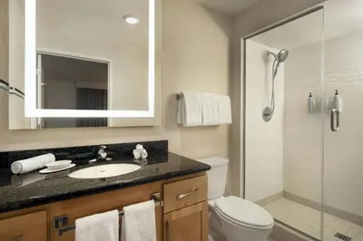 a bathroom with a sink and a toilet and a shower at Residence Inn San Diego Del Mar in San Diego