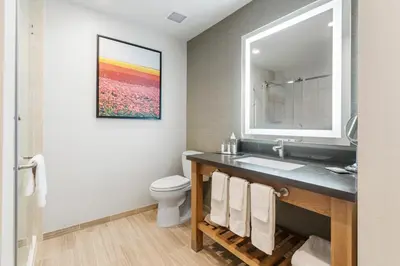 a bathroom with a sink and a toilet and a mirror at Pala Mesa Resort in Fallbrook