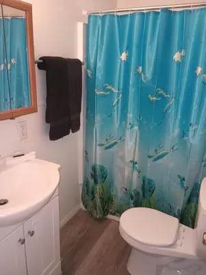 a bathroom with a toilet and a shower curtain with fish at Oceana Boutique Hotel in San Clemente