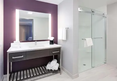 a bathroom with a sink and a shower at Homewood Suites By Hilton Irvine Spectrum Lake Forest in Lake Forest