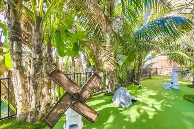 a playground with a starfish and palm trees at Tropical Oceanside Home with Deck, Walk to Beach in Oceanside