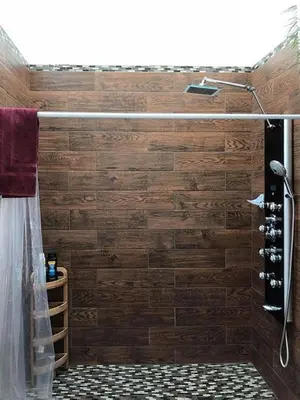 a shower in a bathroom with a wooden wall at Beautiful new detached casita nestled in scenic southern CA foothills! in Fallbrook